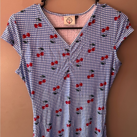 Blue & White Retro Style Dress with Cherry Print - Picture 4 of 13